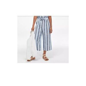 Justice Girl's Wide Leg Linen Belted Pants Blue White Gray Stripes Sz 8